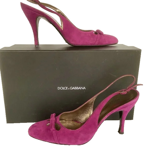 Dolce & Gabbana Slingback Suede Pumps 6.5 / 36.5 Vero Cuoio Purple Bow Italy